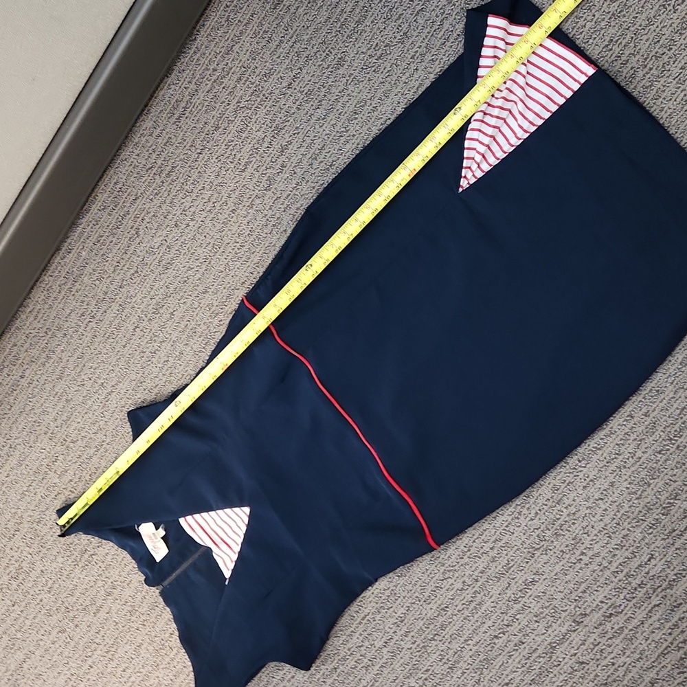 Navy and Red Striped V-Neck Pencil Dress - Picture 12 of 15